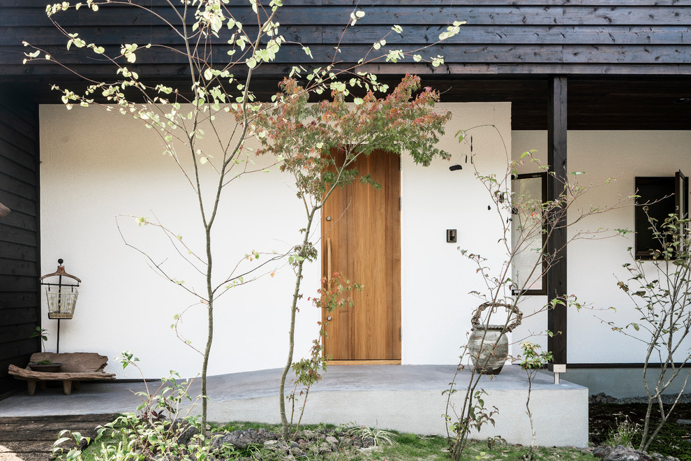 Foto di una porta d'ingresso minimalista con pareti nere, parquet chiaro, una porta singola e una porta in legno bruno