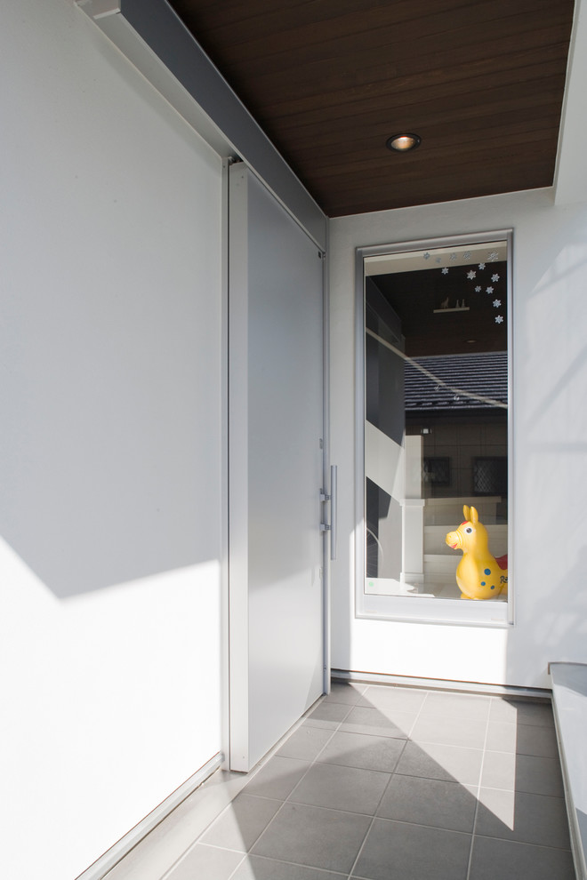Moderner Eingang mit weißer Wandfarbe, braunem Holzboden, Einzeltür, Haustür aus Metall und buntem Boden in Sonstige