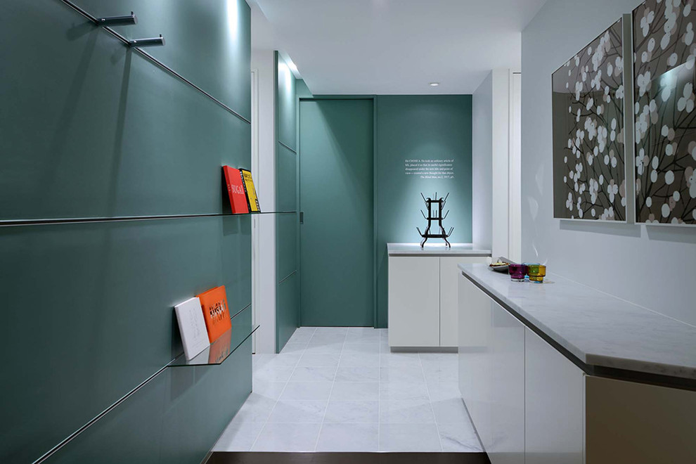 Cette photo montre une petite entrée moderne avec un couloir, un mur vert, un sol en marbre, une porte simple, une porte noire, un sol blanc et un plafond en papier peint.