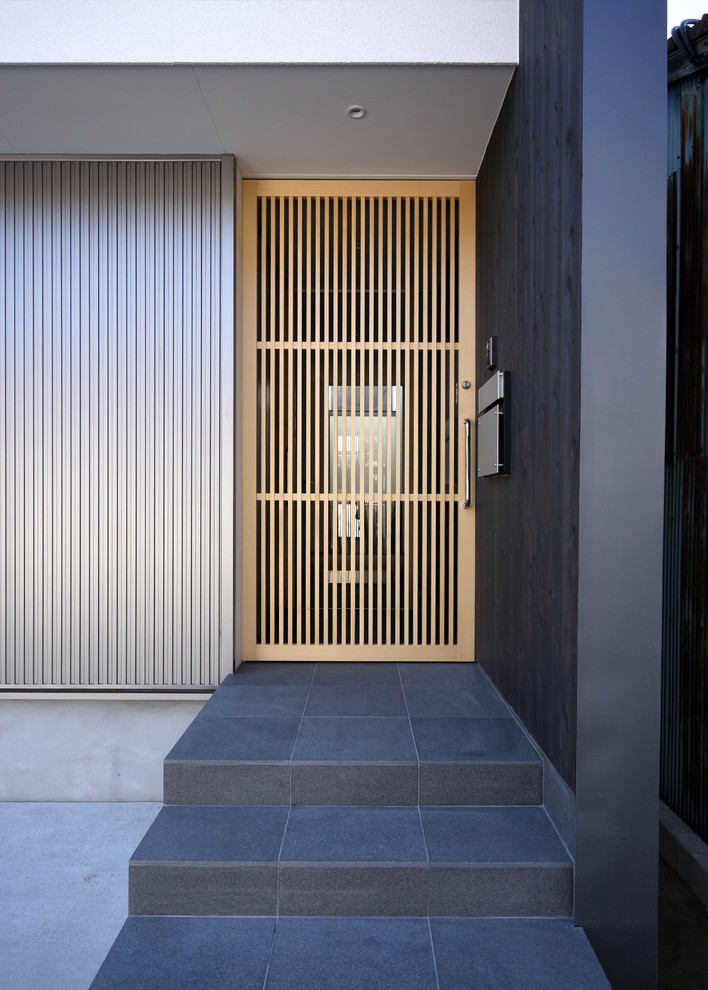 Пример оригинального дизайна: большая входная дверь в стиле модернизм с раздвижной входной дверью и входной дверью из светлого дерева