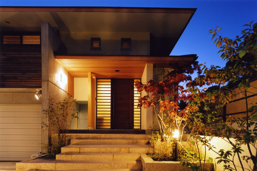 Mittelgroße Moderne Haustür mit weißer Wandfarbe, Granitboden, Einzeltür, dunkler Holzhaustür, grauem Boden und Holzdielendecke in Sonstige