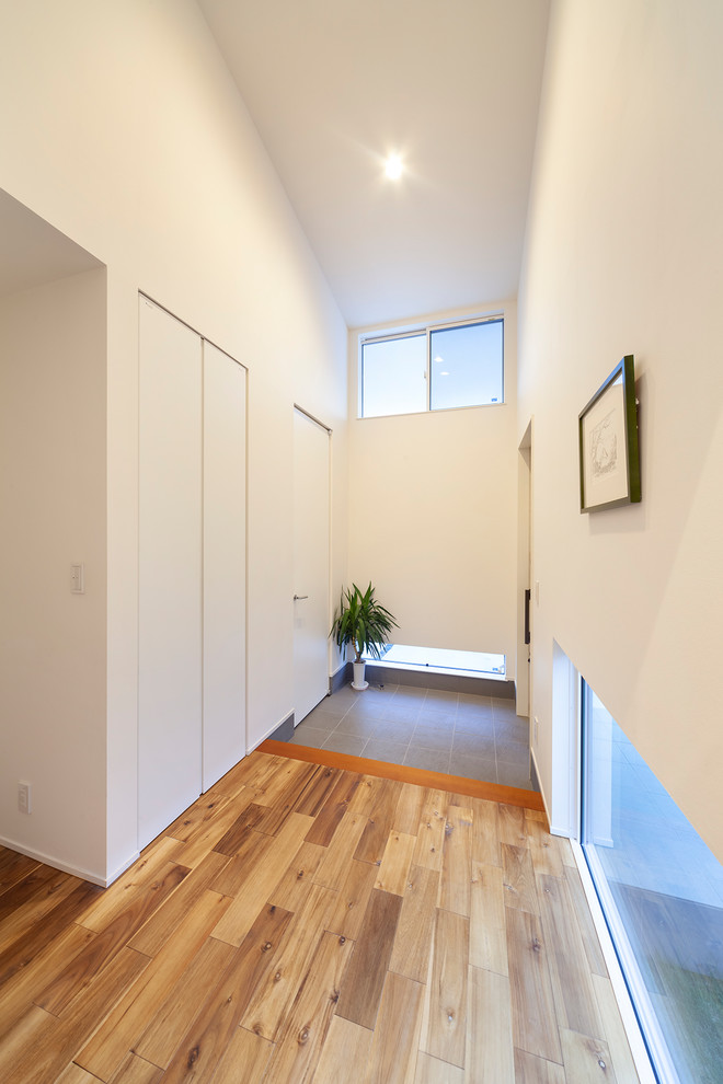 Photo of a modern entrance in Other with white walls and brown floors.