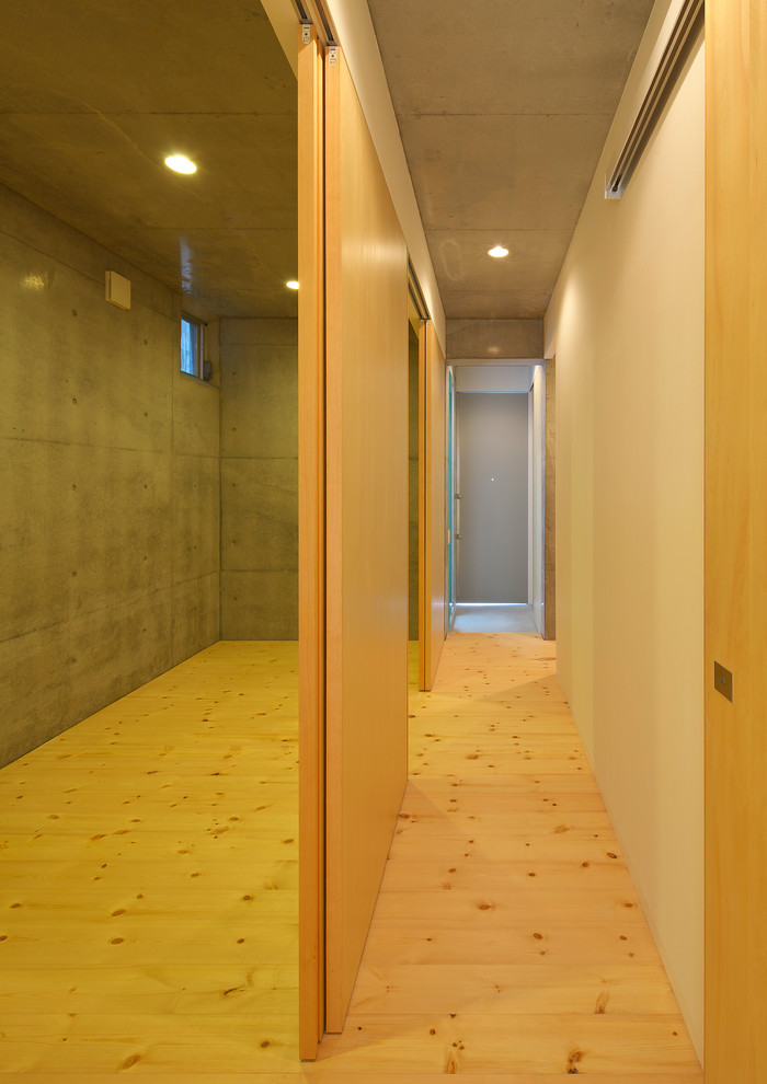 Idées déco pour une entrée moderne de taille moyenne avec un couloir, un mur blanc, parquet clair, une porte coulissante et un sol marron.