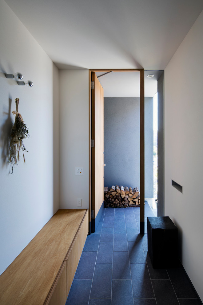 Esempio di un piccolo corridoio moderno con pareti bianche, una porta singola, una porta in legno bruno e pavimento nero