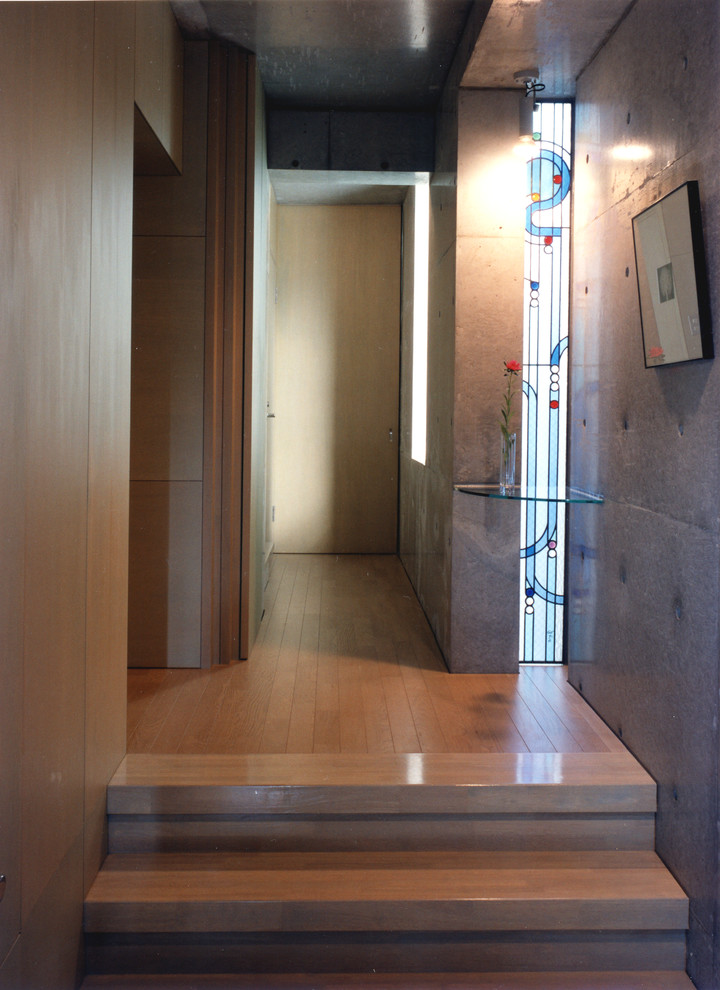 На фото: маленькая узкая прихожая в стиле модернизм с серыми стенами, деревянным полом, одностворчатой входной дверью, серой входной дверью и серым полом для на участке и в саду с