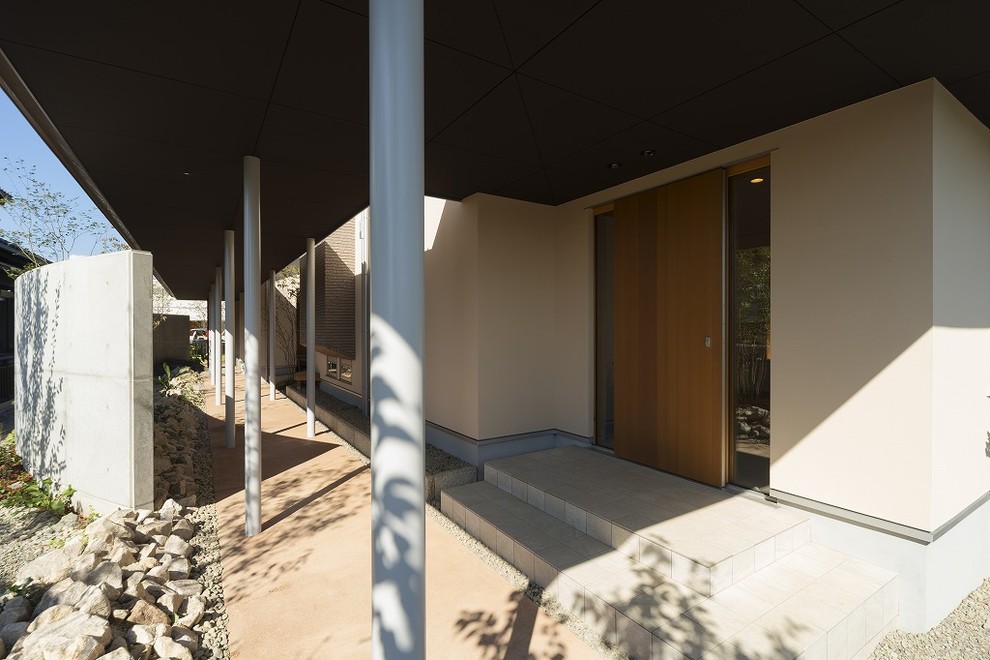 Exemple d'un porche d'entrée de maison latéral moderne avec une extension de toiture.