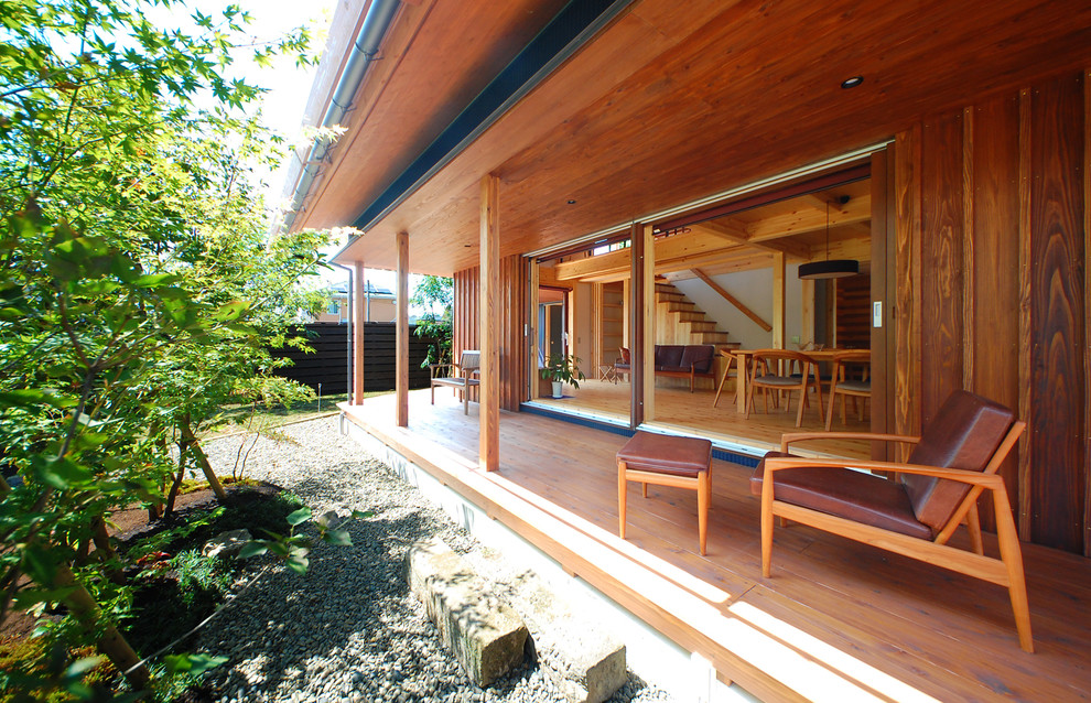 This is an example of a large zen side porch design in Other with a roof extension.
