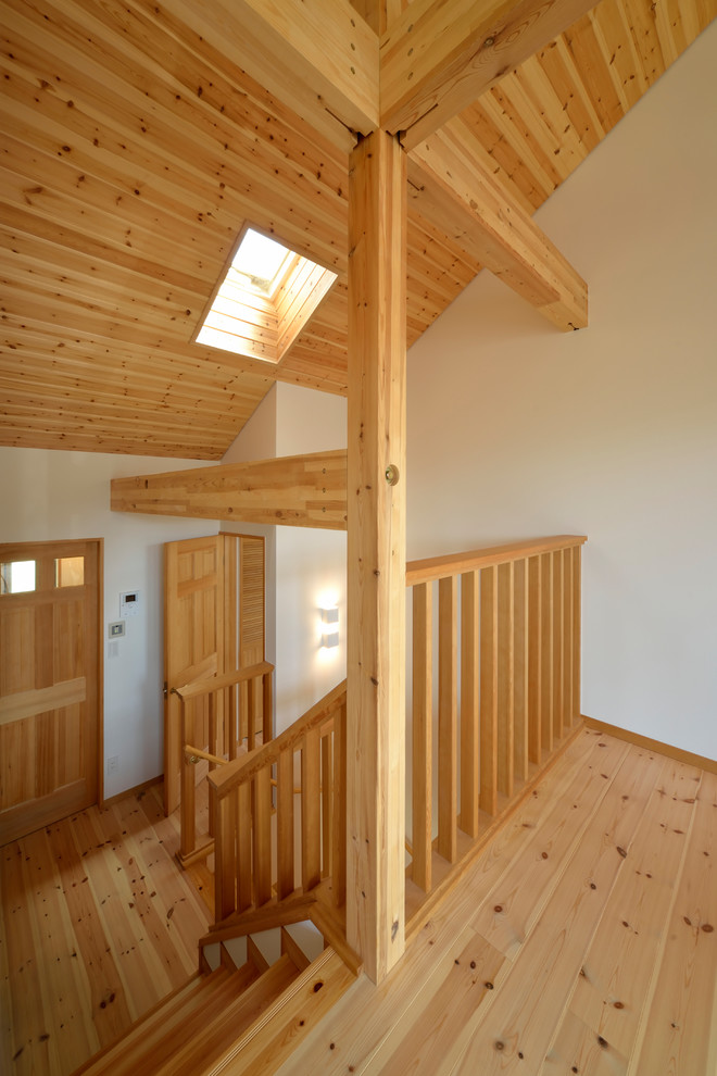 Идея дизайна: п-образная лестница в стиле рустика с деревянными ступенями и деревянными перилами