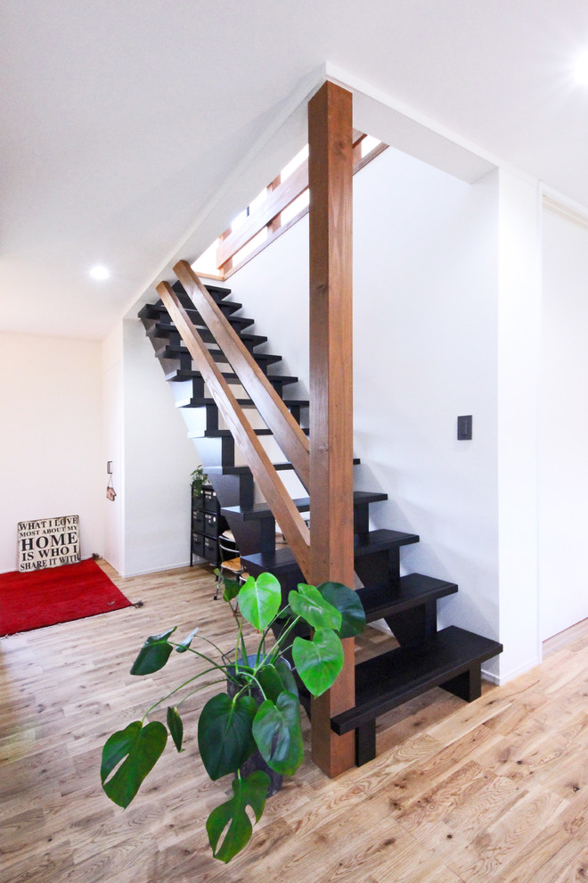 Inspiration for an industrial straight open and wood railing staircase remodel in Other
