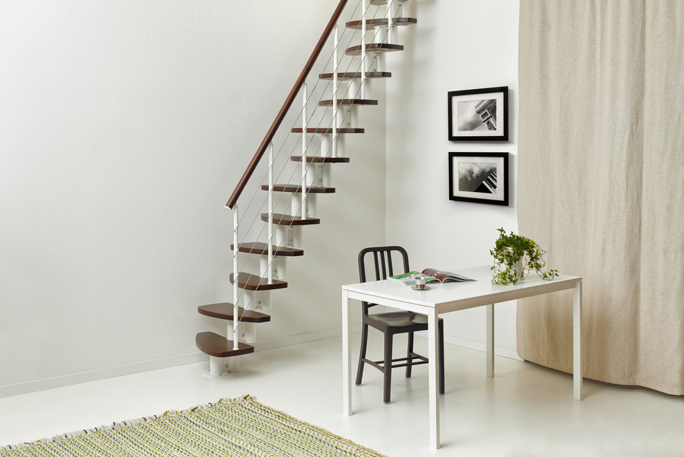 Свежая идея для дизайна: прямая лестница в стиле модернизм с деревянными ступенями - отличное фото интерьера