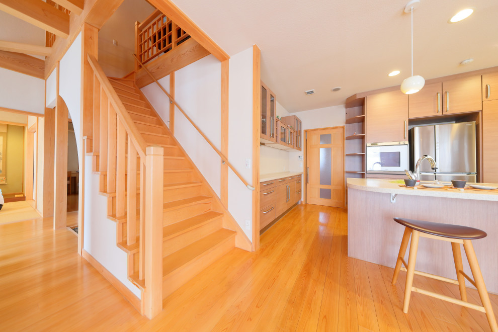 Inspiration for an asian wooden wood railing staircase remodel in Other with wooden risers