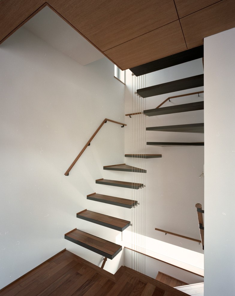Пример оригинального дизайна: изогнутая лестница среднего размера в стиле модернизм с деревянными ступенями и перилами из тросов без подступенок