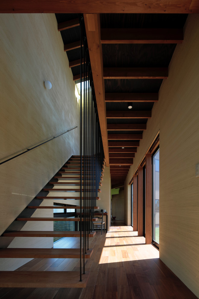 Photo of a modern wood straight staircase in Other with open risers.