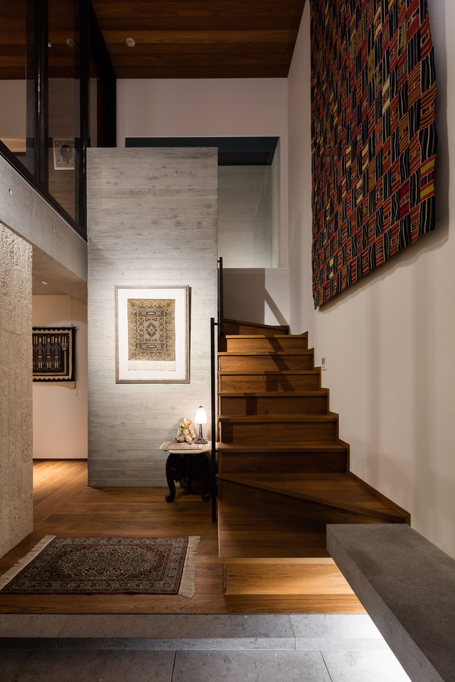 Inspiration for a world-inspired wood staircase in Yokohama with wood risers.