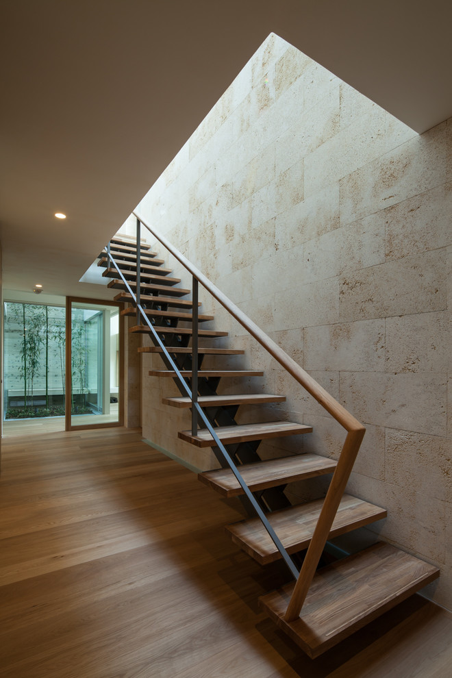 Inspiration for a modern wood straight wood railing staircase in Osaka with open risers.