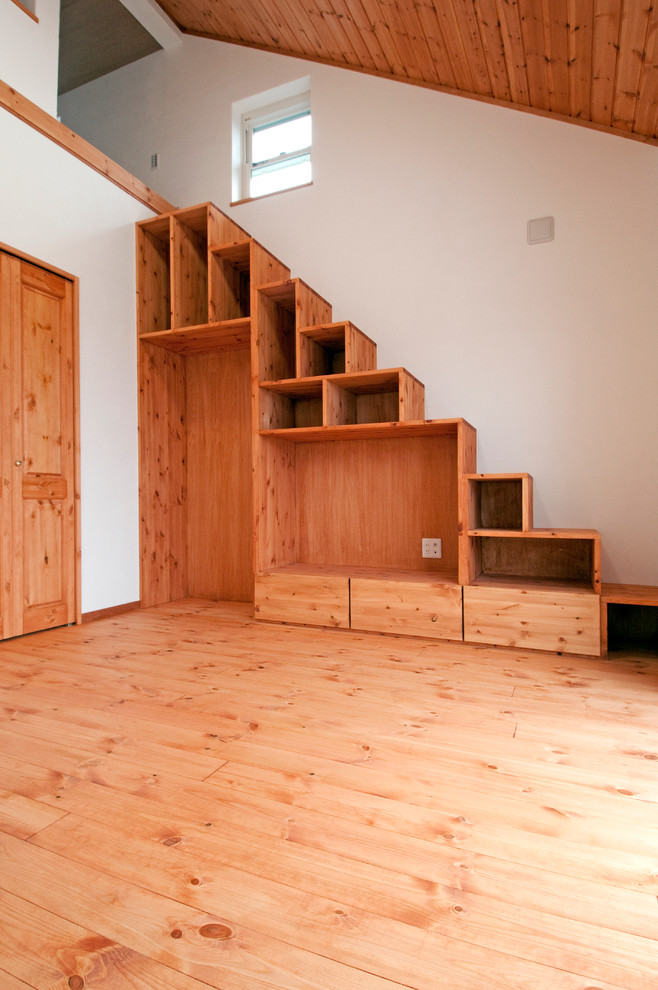 Inspiration for a zen wooden straight staircase remodel in Other with wooden risers