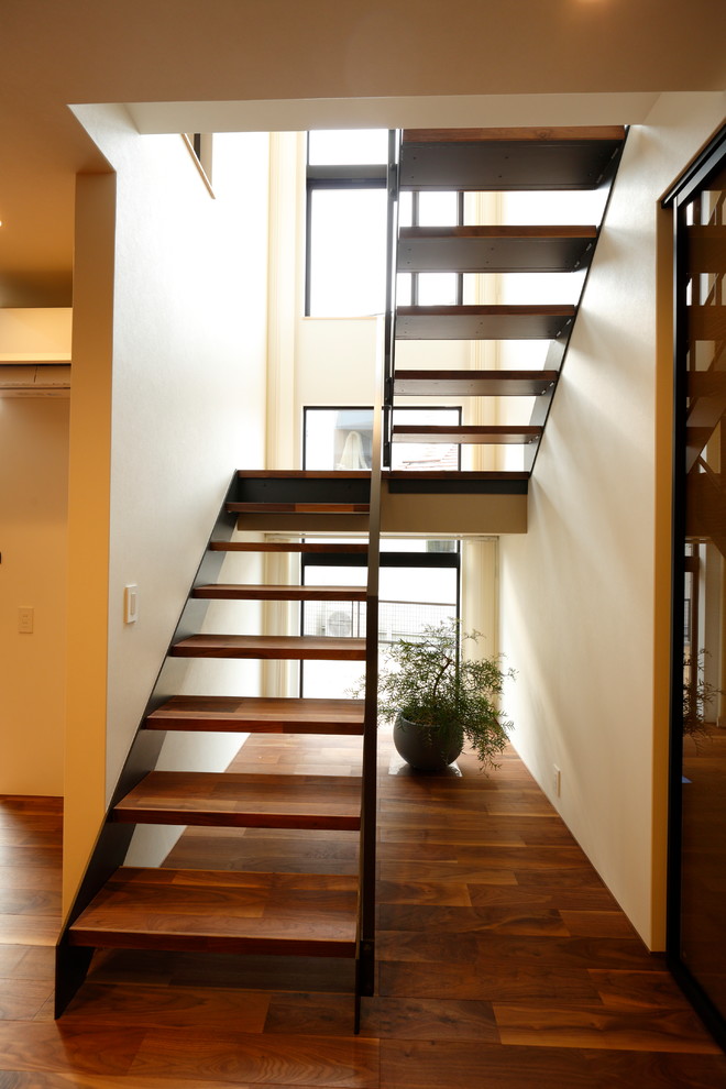 Inspiration for a midcentury wood u-shaped staircase in Other with open risers.