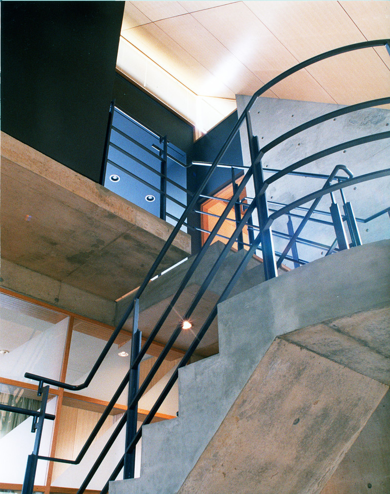 Immagine di una grande scala curva moderna con pedata in legno, alzata in cemento e parapetto in materiali misti