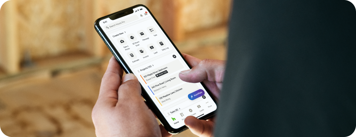 using Houzz Pro app on a smartphone